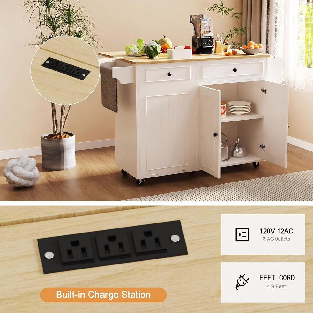 Modern Kitchen Island Cart with Power Outlet & Drop Leaf, Rolling Storage...