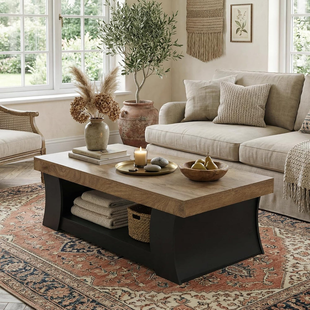 LITTLE TREE 55" Coffee Table, Living Room Table with Storage Shelf, Wood...