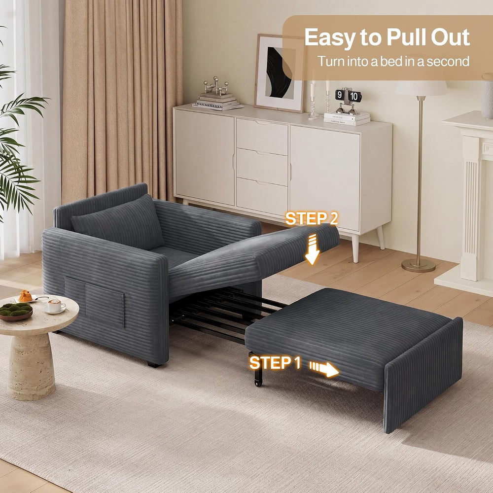 Ahomly 3 in 1 Pull Out Sleeper Chair, 75.2” Corduroy Single Sofa, Dark Gray