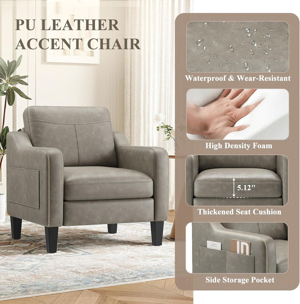 MALOL PU Leather Accent Chair with Solid Wood Frame, Grey