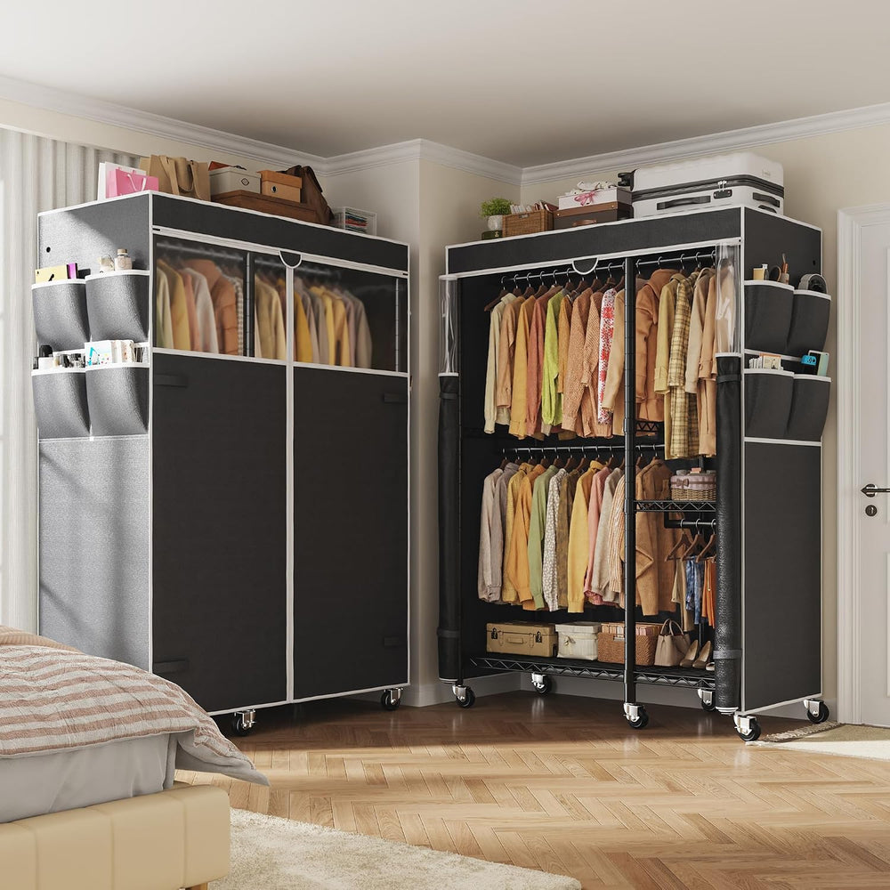 Raybee Clothes Rack with Cover, Rolling Portable Closet, 4 Hanging Zones