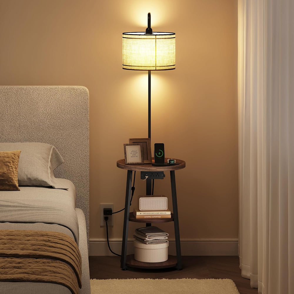 WLIVE Floor Lamp with Table, Round Small Side Table with Charging Station