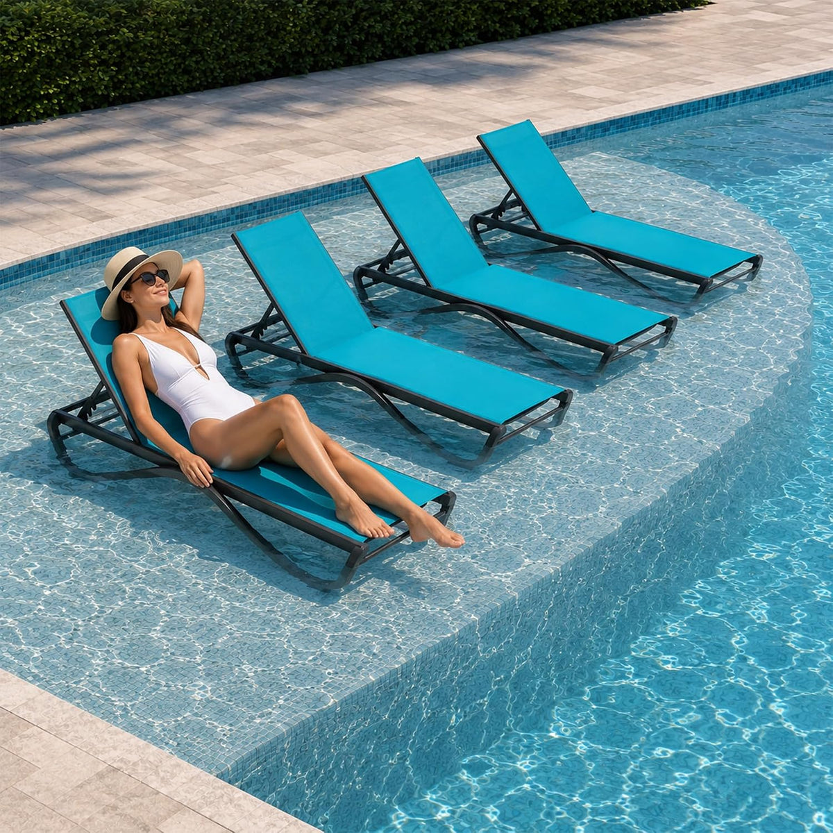 Kozyard Outdoor Chaise Lounge Chair, All Aluminum Frame, Fully Flat Adjustable Reclining Patio Lounger for Pool Sun Shelf, Tanning Ledge, Sunbathing & Backyard, Textilene (Aqua, 2Chairs)