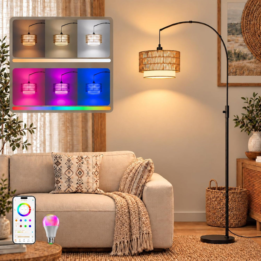 Boho Rattan Arc Floor Lamp, 71" RGB, Compatible with Alexa & App