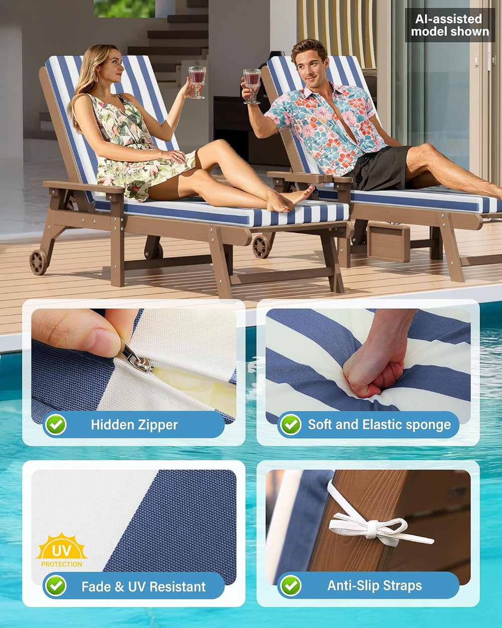 YEFU Chaise Lounge Cushions Outdoor, 72x21x3, Set of 2, Navy Cabana Stripe