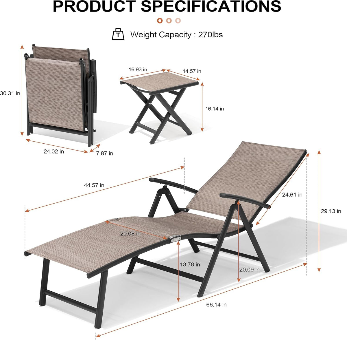 Lounge Chair Outdoor, Folding Pool Chaise Chairs Set of 3 (Espresso)