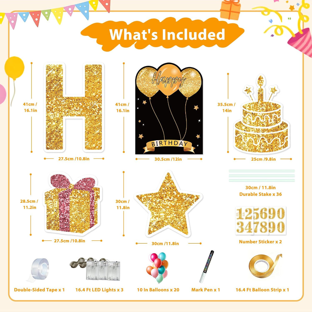 18 Pcs Happy Birthday Yard Sign with Stakes, Gold Happy Birthday Yard Sign wi...