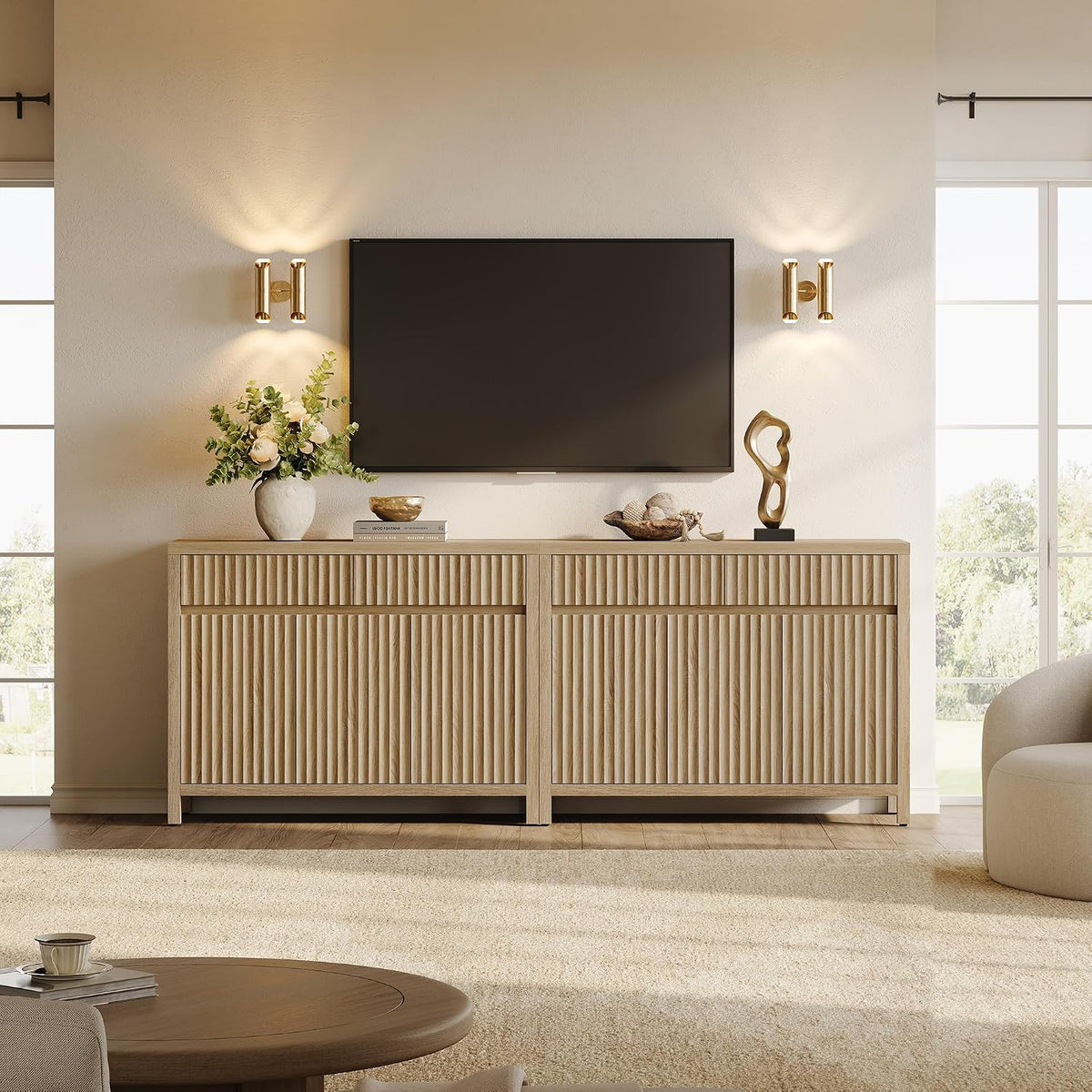 SICOTAS 42" Fluted Sideboard Buffet Cabinet with 2 Drawers & 3 Doors, 1 PCS