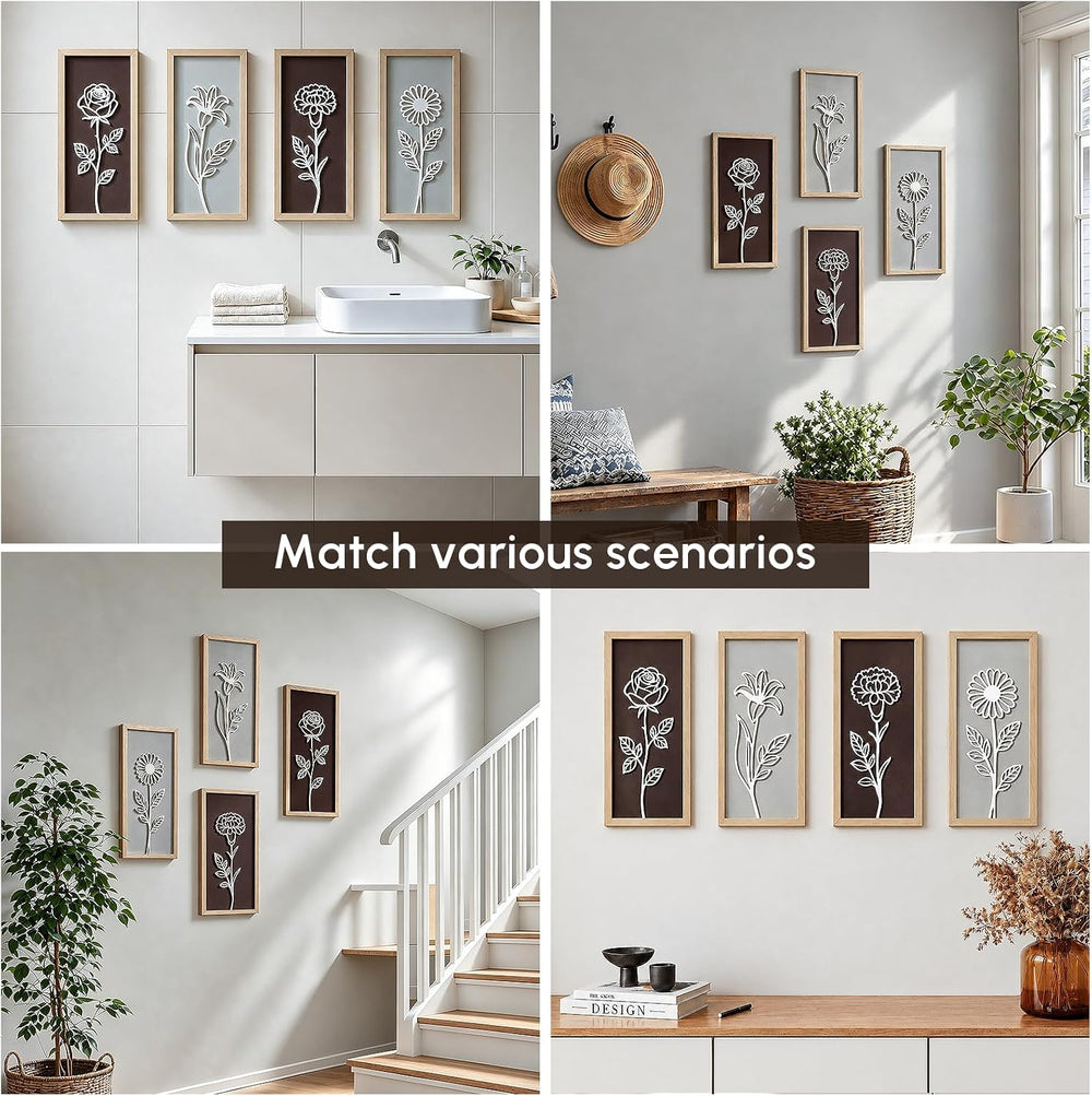 3D Wooden Floral Framed Wall Art Set of 4,16x7 Inch Boho Wall Decor