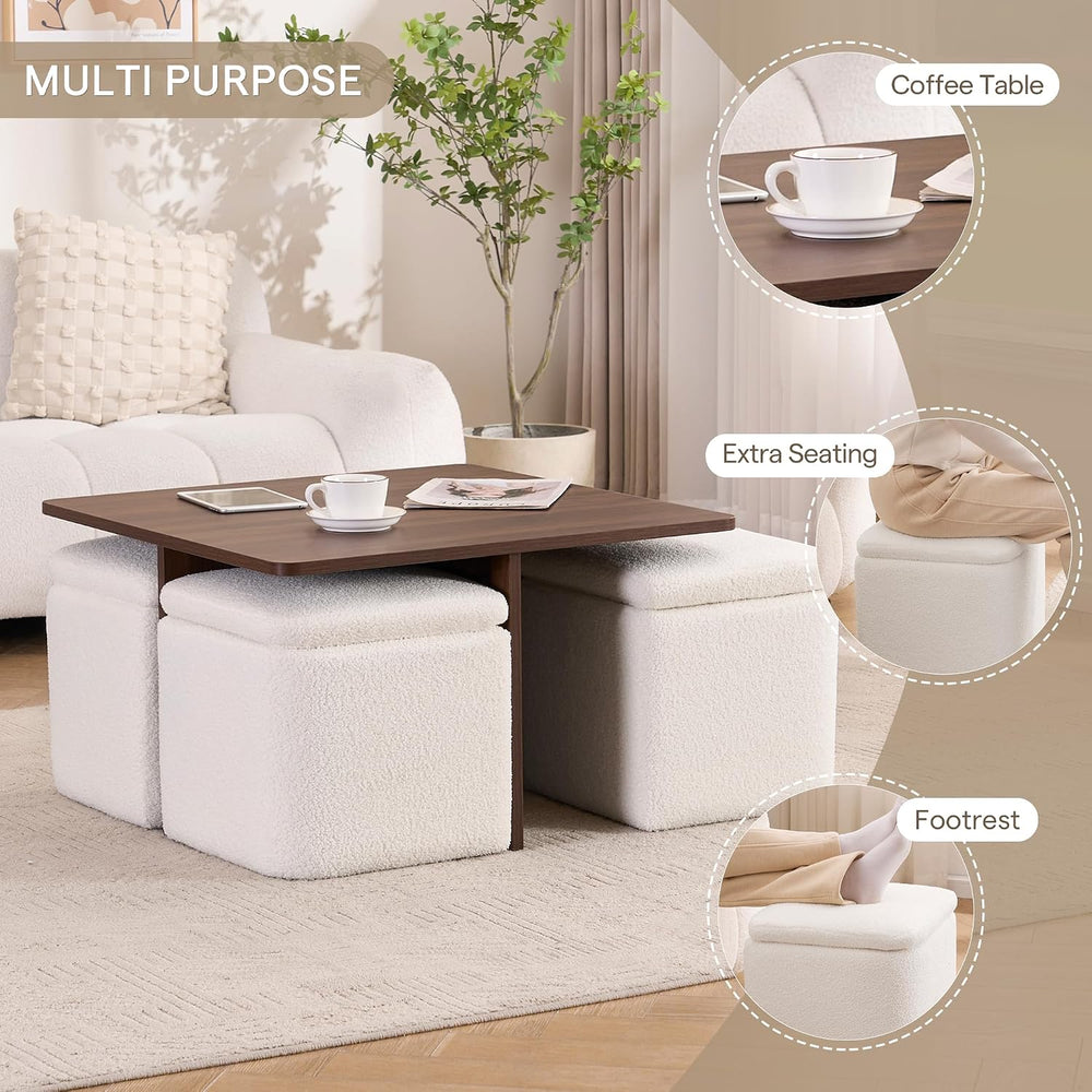 Square Coffee Table with Storage Ottomans, Beige