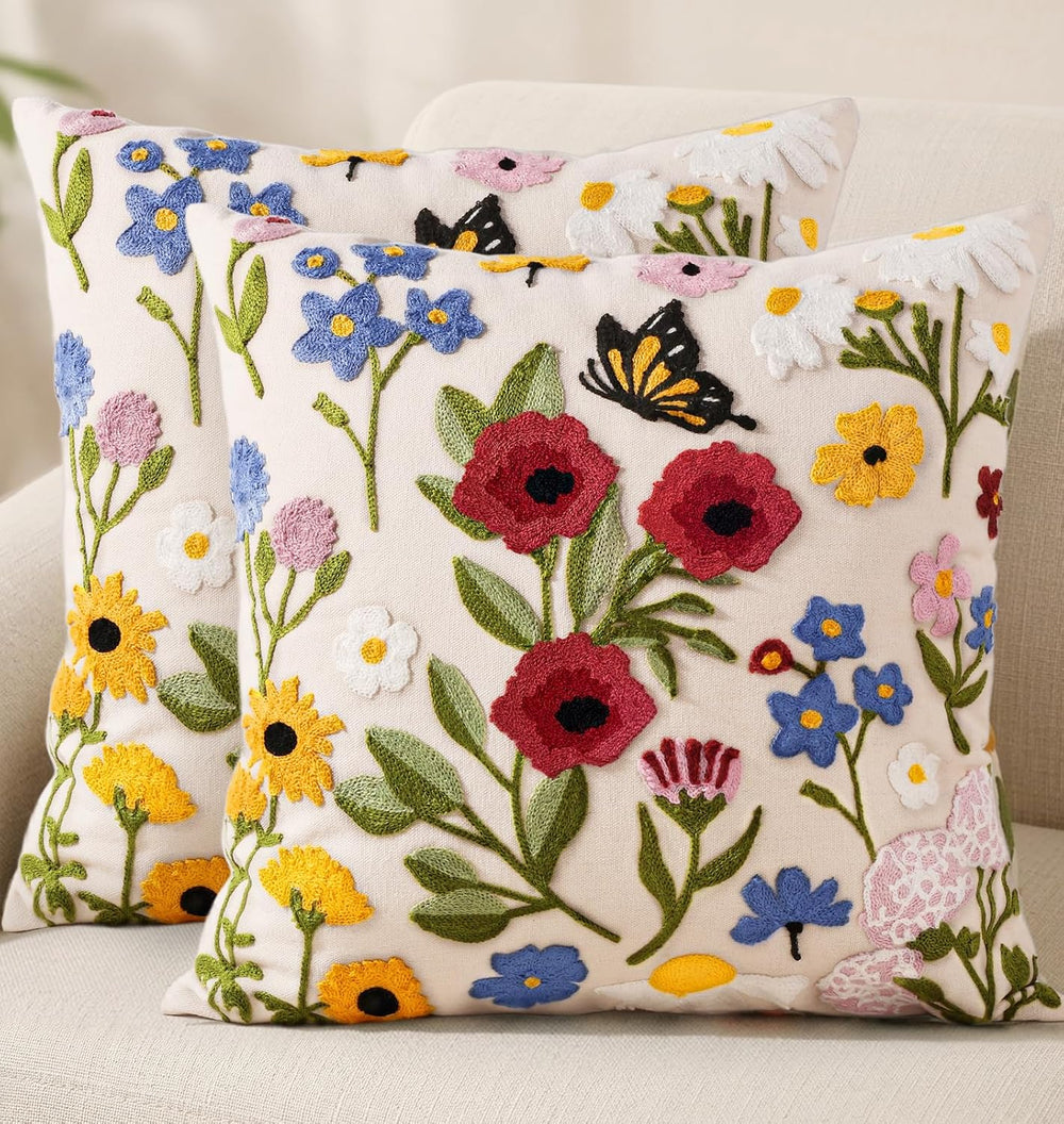 Embroidered Throw Pillow Covers 18x18 Inch, 2Pack, Retro Flower