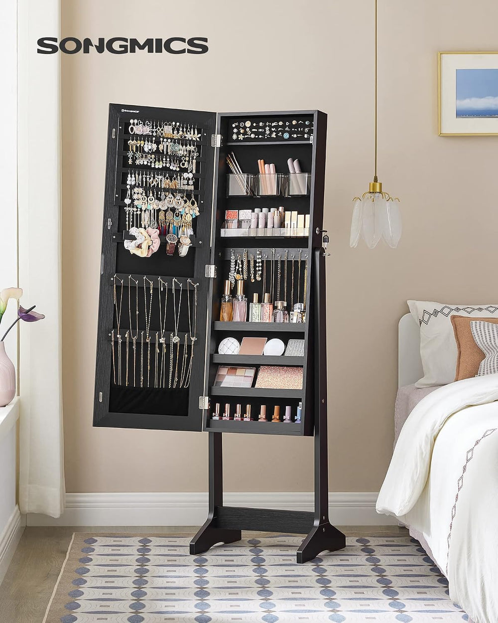 SONGMICS LED Jewelry Cabinet Standing, Lockable Armoire