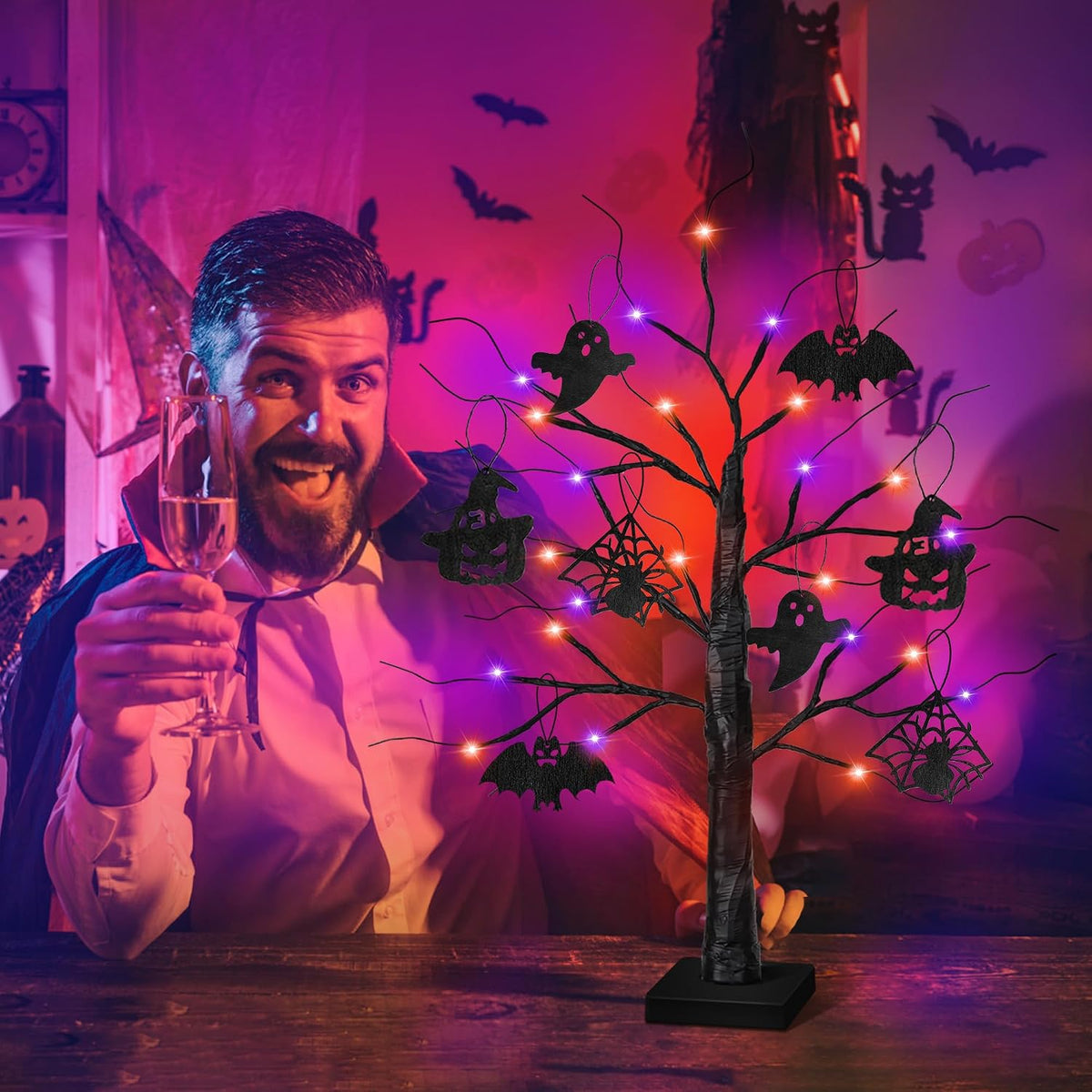 Halloween Decorations Indoor 2 Pack 24 Inch Black Halloween Tree with 24 LED Orange Purple Lights, USB/Battery Operated Halloween Table Decorations Tree Light with Timer, Scary Spooky Home Decor