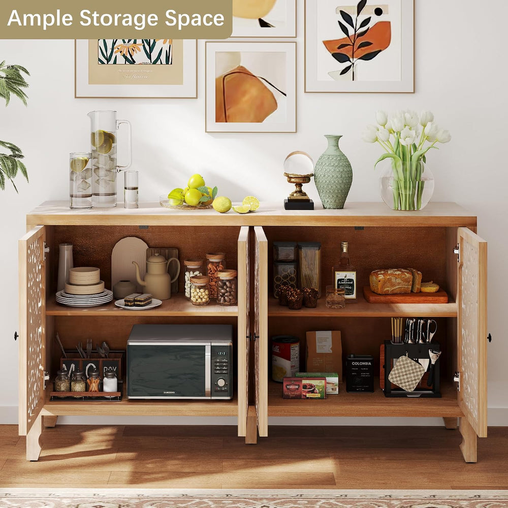 Buffet Cabinet with Storage, 4 Carved Doors, Natural&White