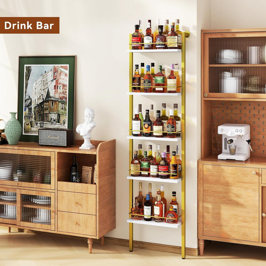 YMYNY 5-Tier Wall Mounted Wine Racks 16.93x7.87x69.68 White & Gold HWR001G | With Fences, Wall Mounted Floating Shelf, Bottles Holder, Liquor Cabinet Storage 16.93" L x 7.87" W x 69.68" H for Kitchen