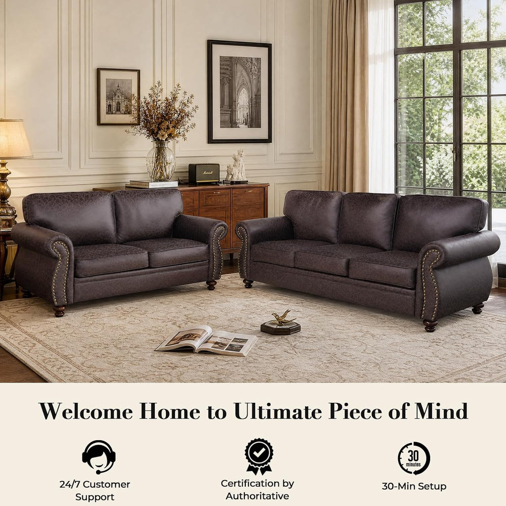 Couchus 2-Piece Sofa Set, 88" 3-Seater, 77" Loveseat, Brown
