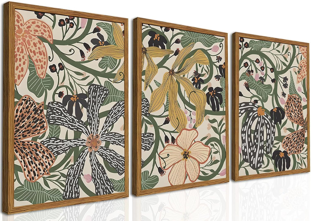 Framed Boho Floral Canvas Wall Art Set of 3, Sage Green Flower Pictures Wall ...