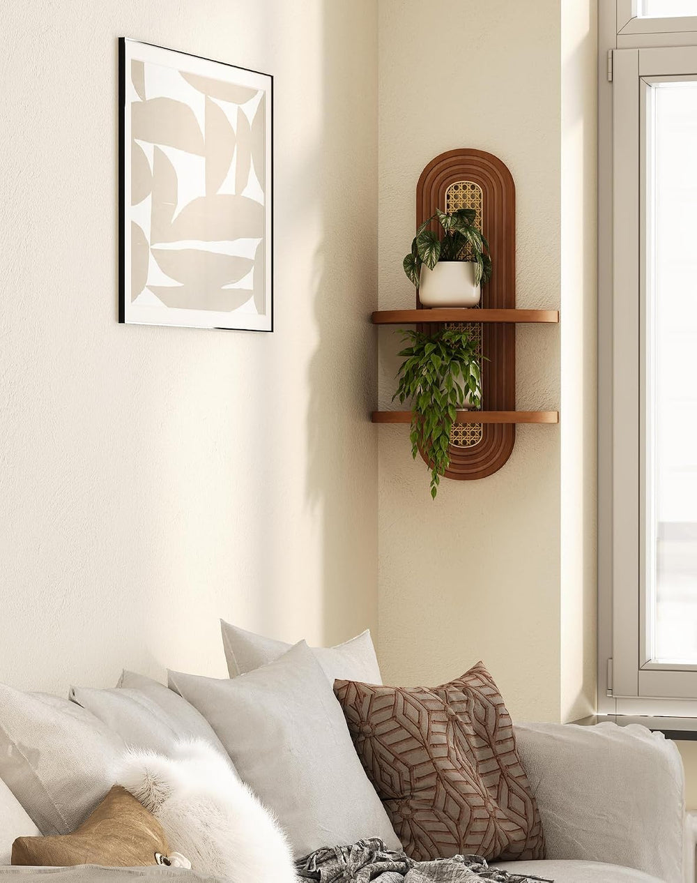 Floating Shelves for Wall,Boho Home Wall Decor,2-Tier Rattan Plant Shelf,Mid ...