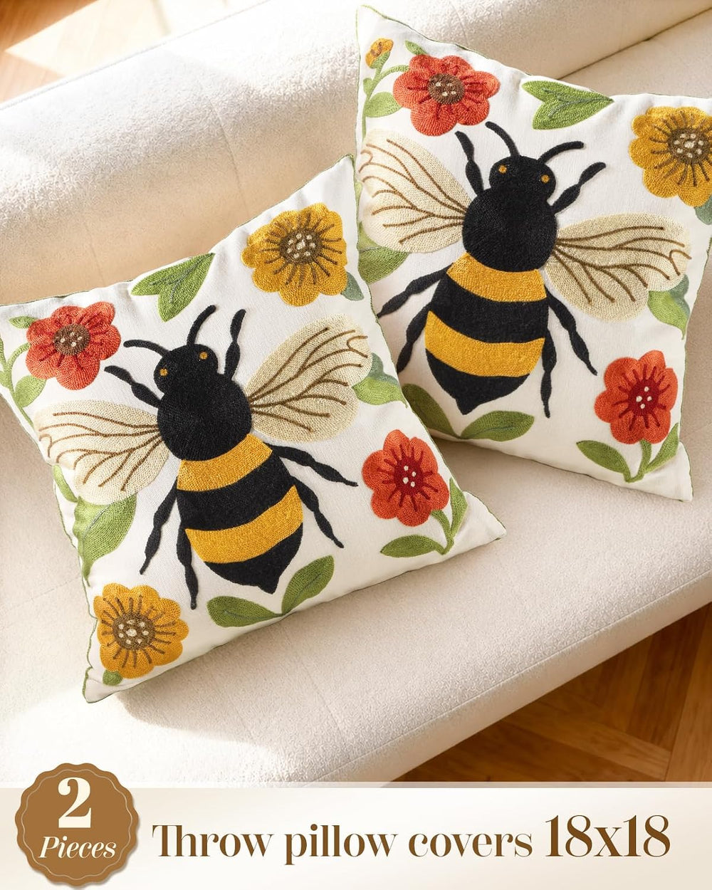 Animal Embroidered Throw Pillow Covers 18x18 Inch, Bee Floral
