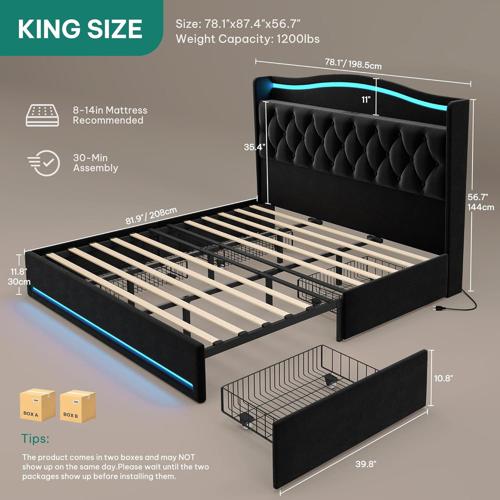 DWVO King Size Bed Frame with 4 Storage Drawers and RGB LED Lights