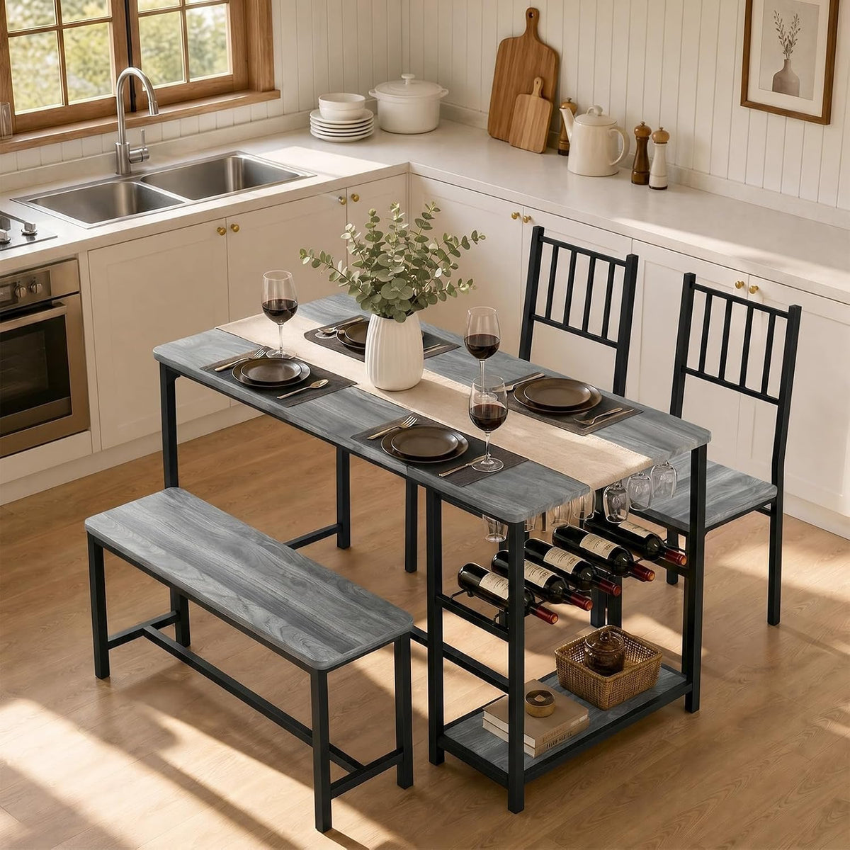 4 EVER WINNER 55-Inch Dining Table Set for 4 with Bench, Wine Rack, Grey | 4-Piece Kitchen Table Set with 2 Chairs, Bench, Stemware Holder and Storage Shelves for Small Spaces and Apartments