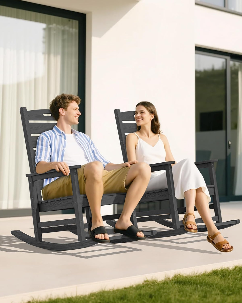 SERWALL 2-Pc Rocking Chair Set with Footboard, HDPE, 350lbs Cap, Gray