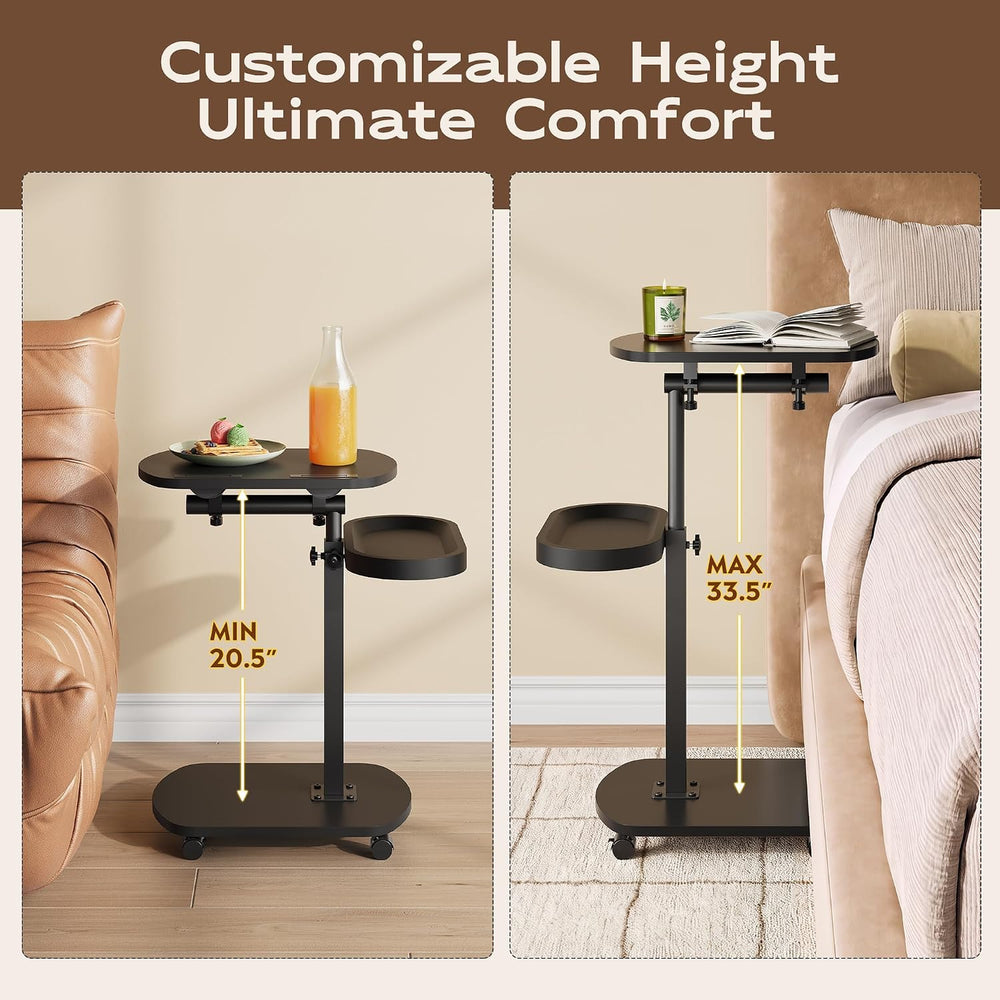 WLIVE C Shaped End Table Adjustable Height 360 Swivel TV Tray Rolling Cup