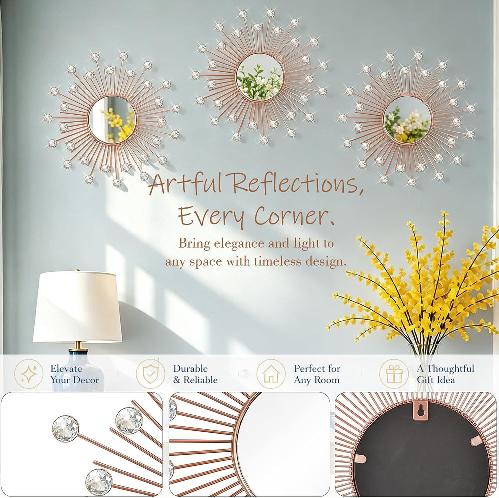 3 Pack Metal Mirrors for Wall Sunburst Wall Mirror Rose Gold Crystal Décor