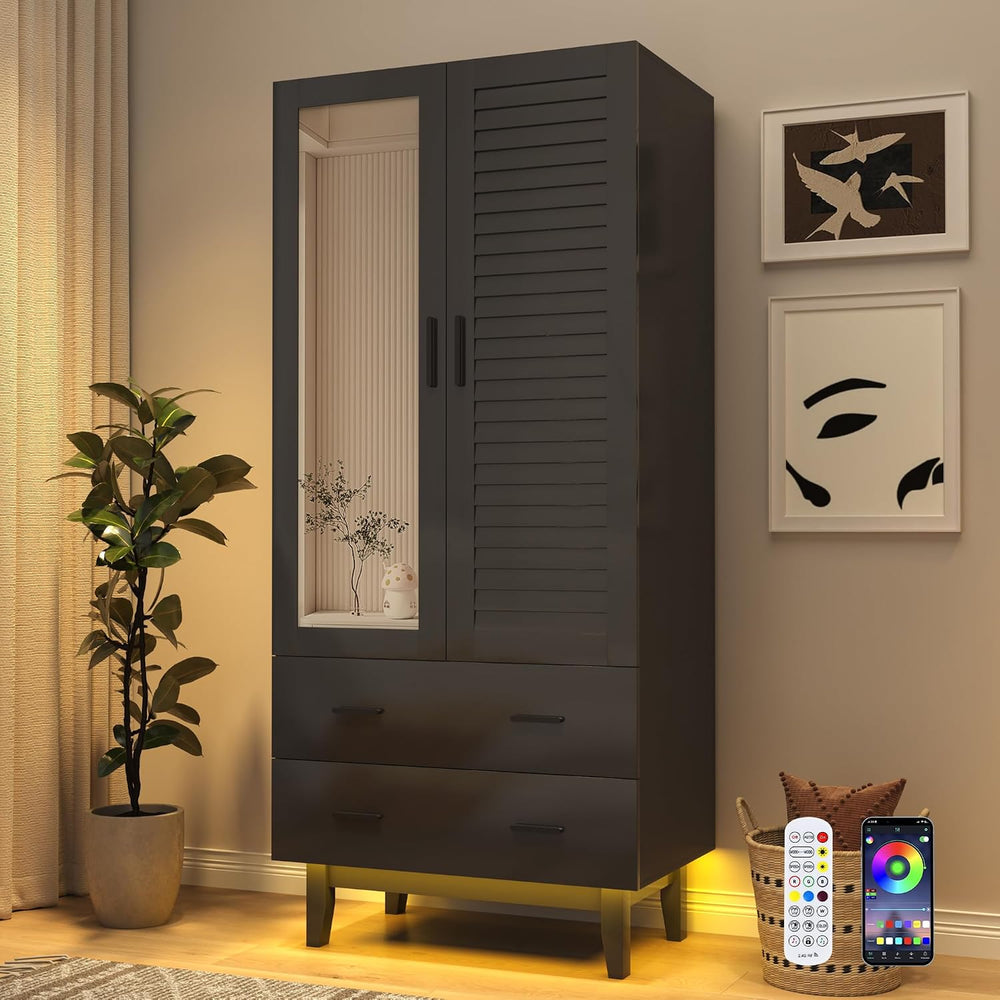 jiteentarou 2 Door Armoire Wardrobe Closet Cabinet with Drawers and LED Light...