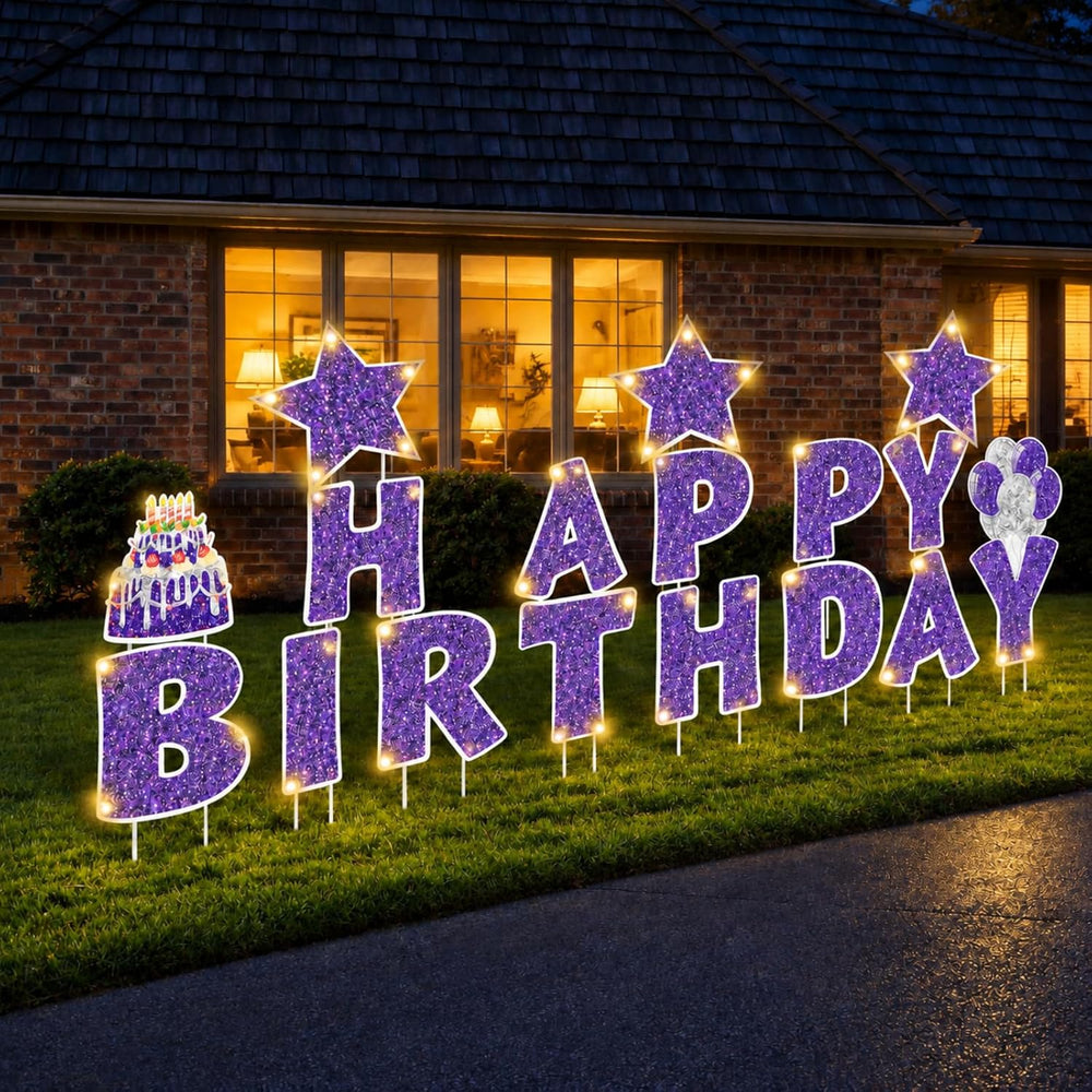 Jetec 18 Pcs Happy Birthday Yard Sign with Stakes and Light, Purple