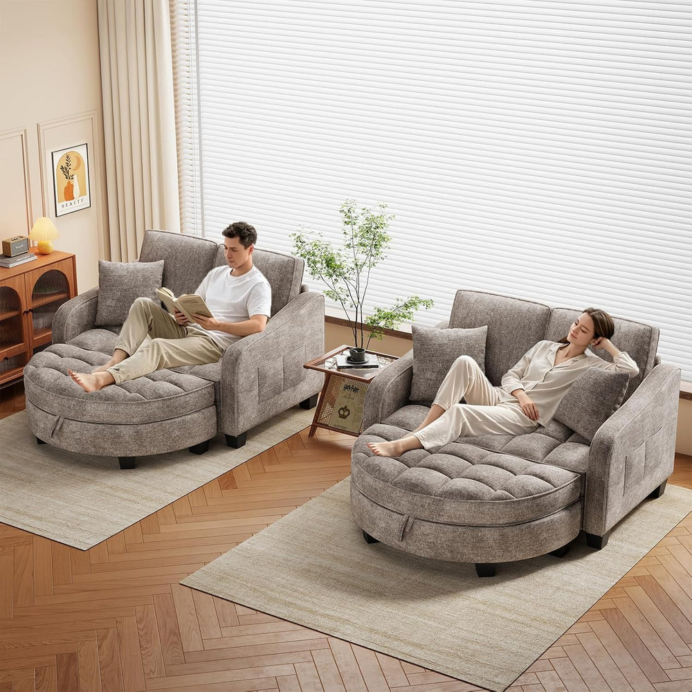 Oversized Chaise Lounge Chair Indoor with Curved Ottoman, Brown