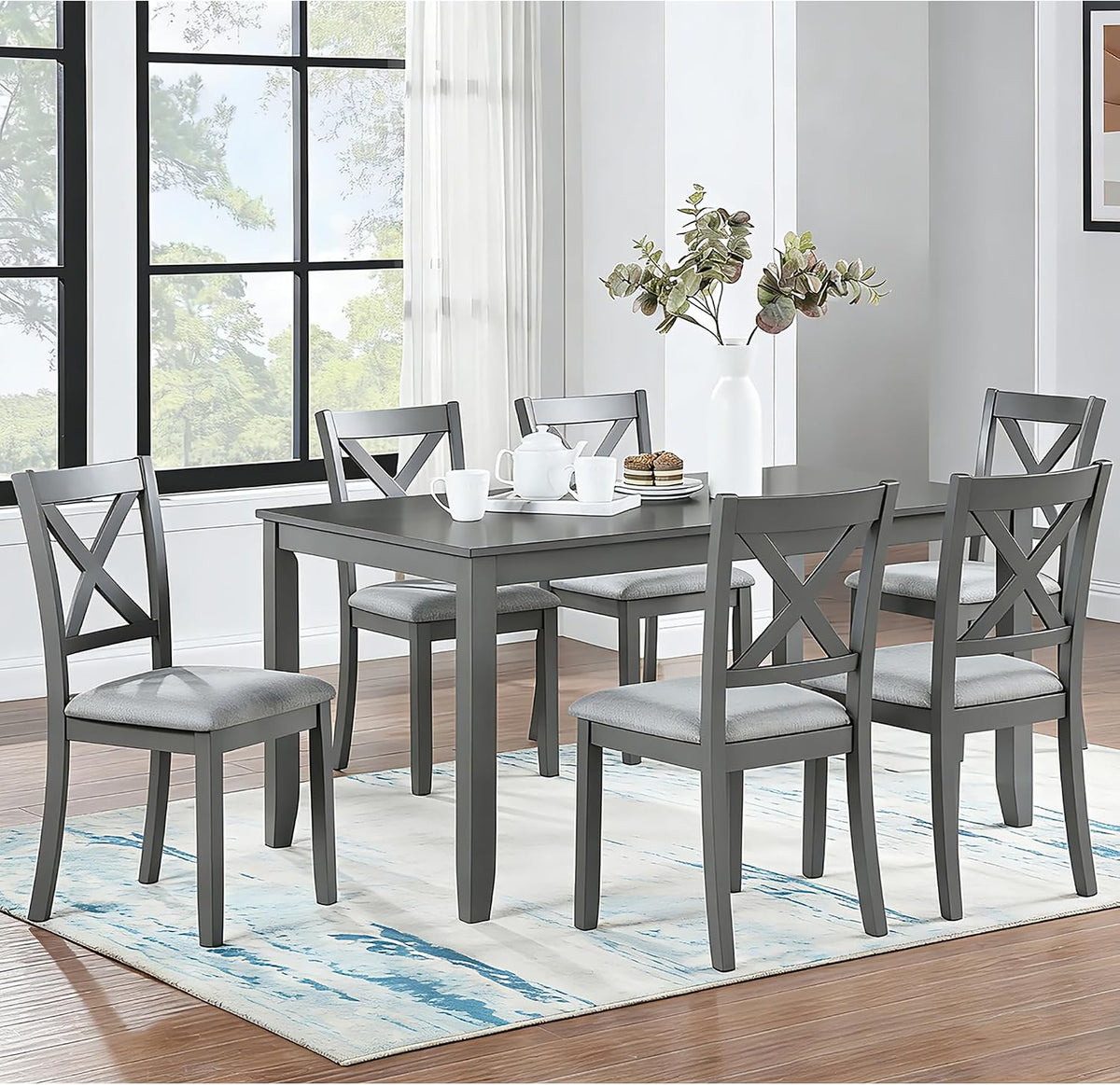 KEIKI 7-Piece Standard Height Dining Table Set with Rectangular Table, 6 Upholstered X-Back Style Padded Chair, for 6 Person, Modern Table Set, Easy Assembly, for Kitchen, Dining Room, Gray