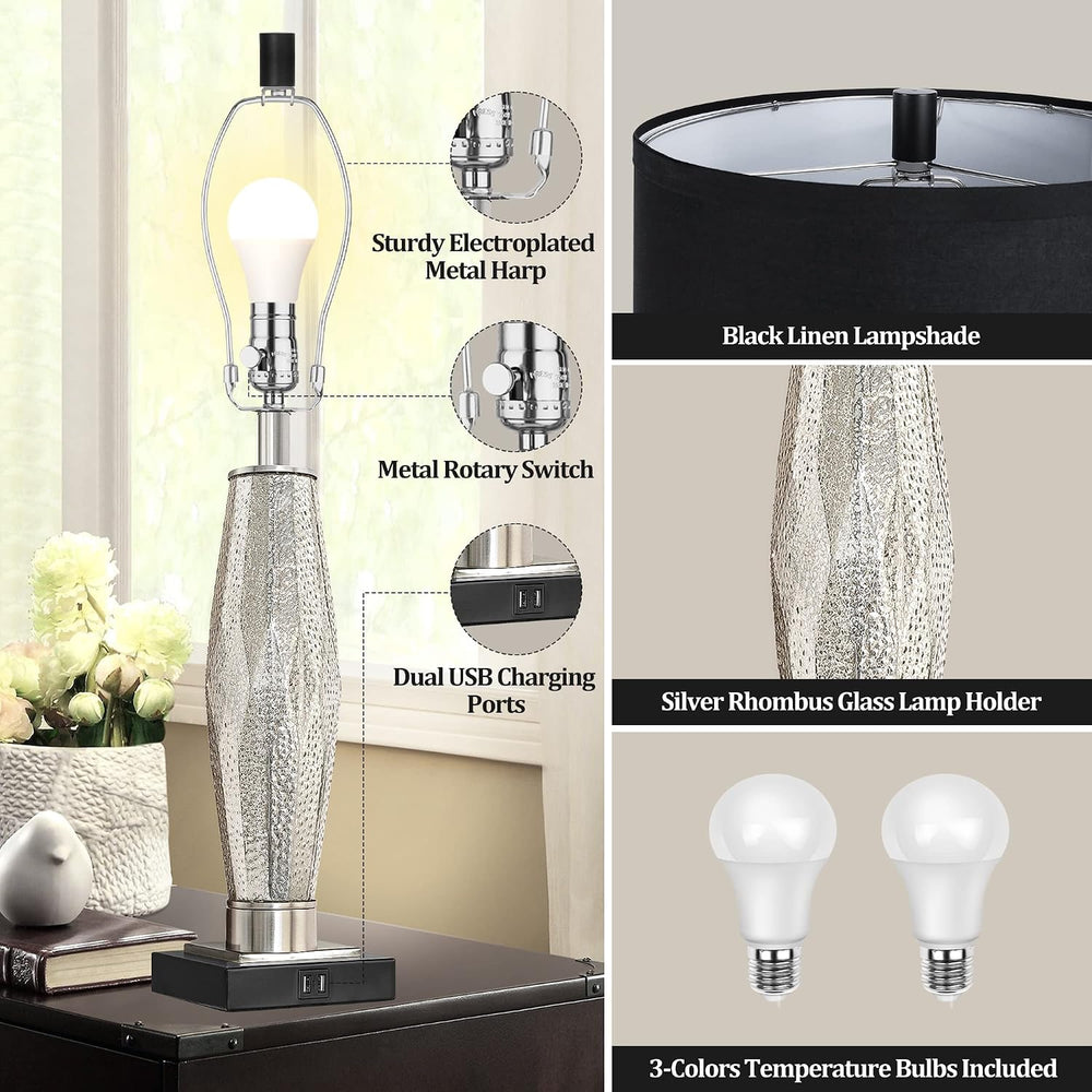 QiMH Table Lamps Set of 2, Bedroom Lamp with USB A+C Charging Ports, Modern G...