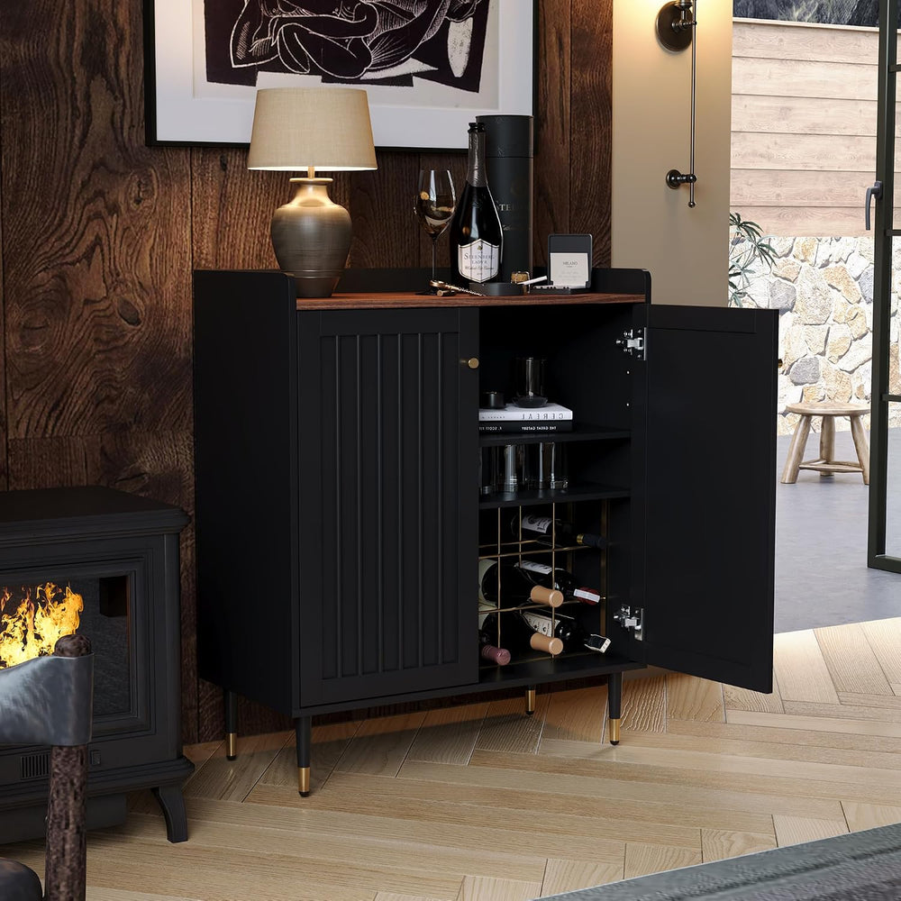 Fluted Coffee Bar Cabinet with Storage and Glass Holder, Black