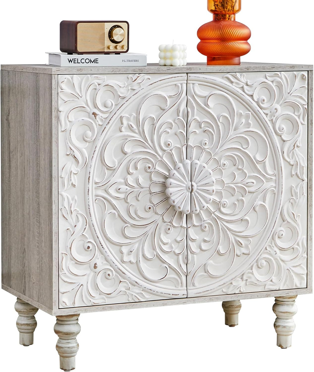 White Distressed Carved Accent Cabinet,2 Door Vintage Storage Sideboard