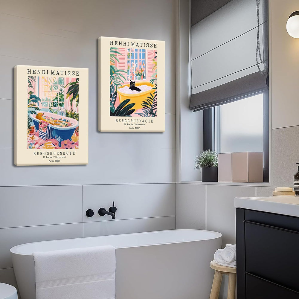 Funny Bathroom Canvas Wall Art Set of 3, Matisse Black Cat Animal Wall Decor ...