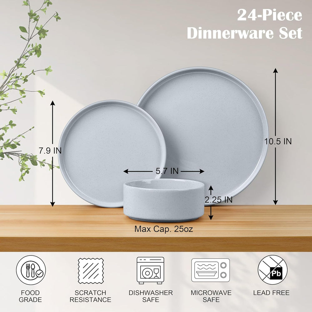 E-far Dinnerware Sets for 8, 24-Piece Stoneware Plates and Bowls Set, Gray