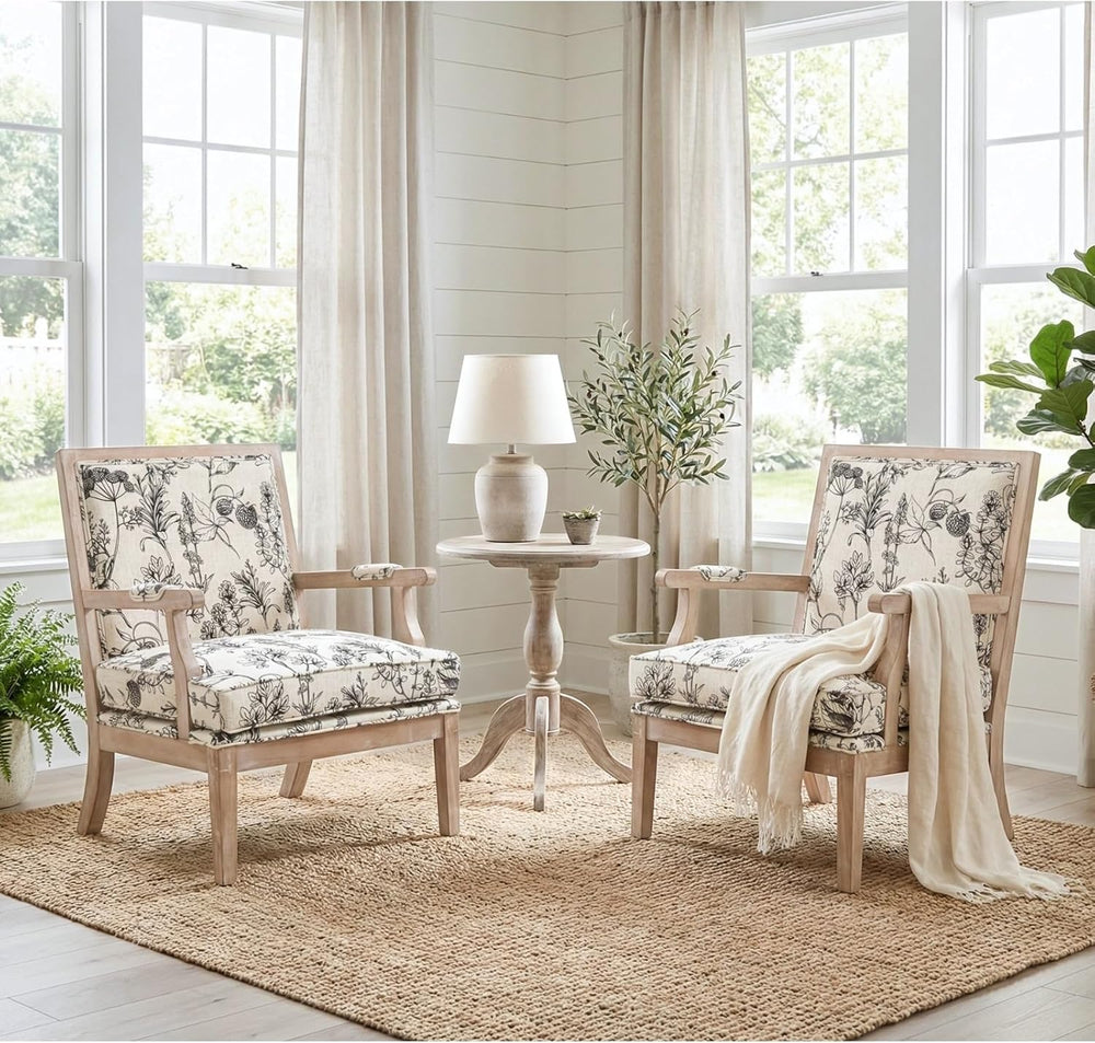 Modern Farmhouse Accent Chairs Set of 2, Wide Linen Upholstered Living Room C...