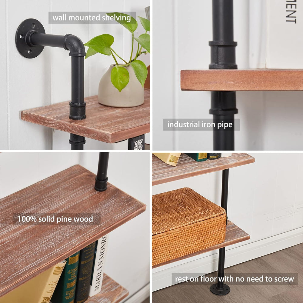 Industrial Pipe Bookshelf, Wall Mounted Shelf, 36 Inch, Weathered Brown