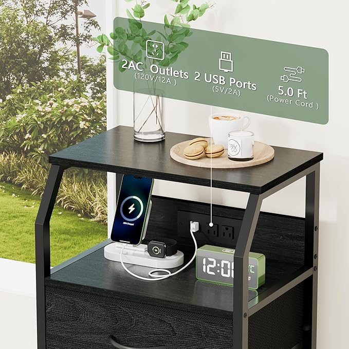 Furnulem Night Stand with Charging Station, 4 Drawer Dresser with Storage Shelf, 33.3 Inch Tall Side Table, Fabric End Table for Closet, Entryway, Bedside Furniture, 3 Ways to Use, Black Oak