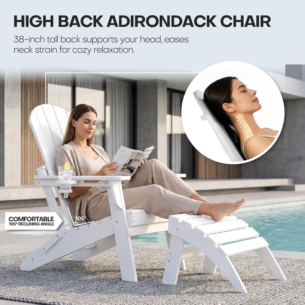 Adirondack Chair Set of 2 with Cup Holders&Table, White