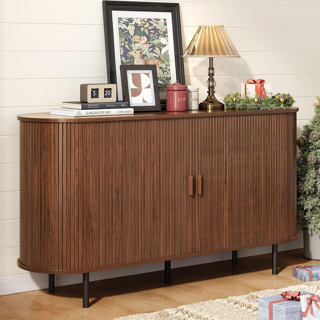 ONBRILL 55" Sideboard Buffet Cabinet, Sliding Door/Adjustable Shelf, Walnut