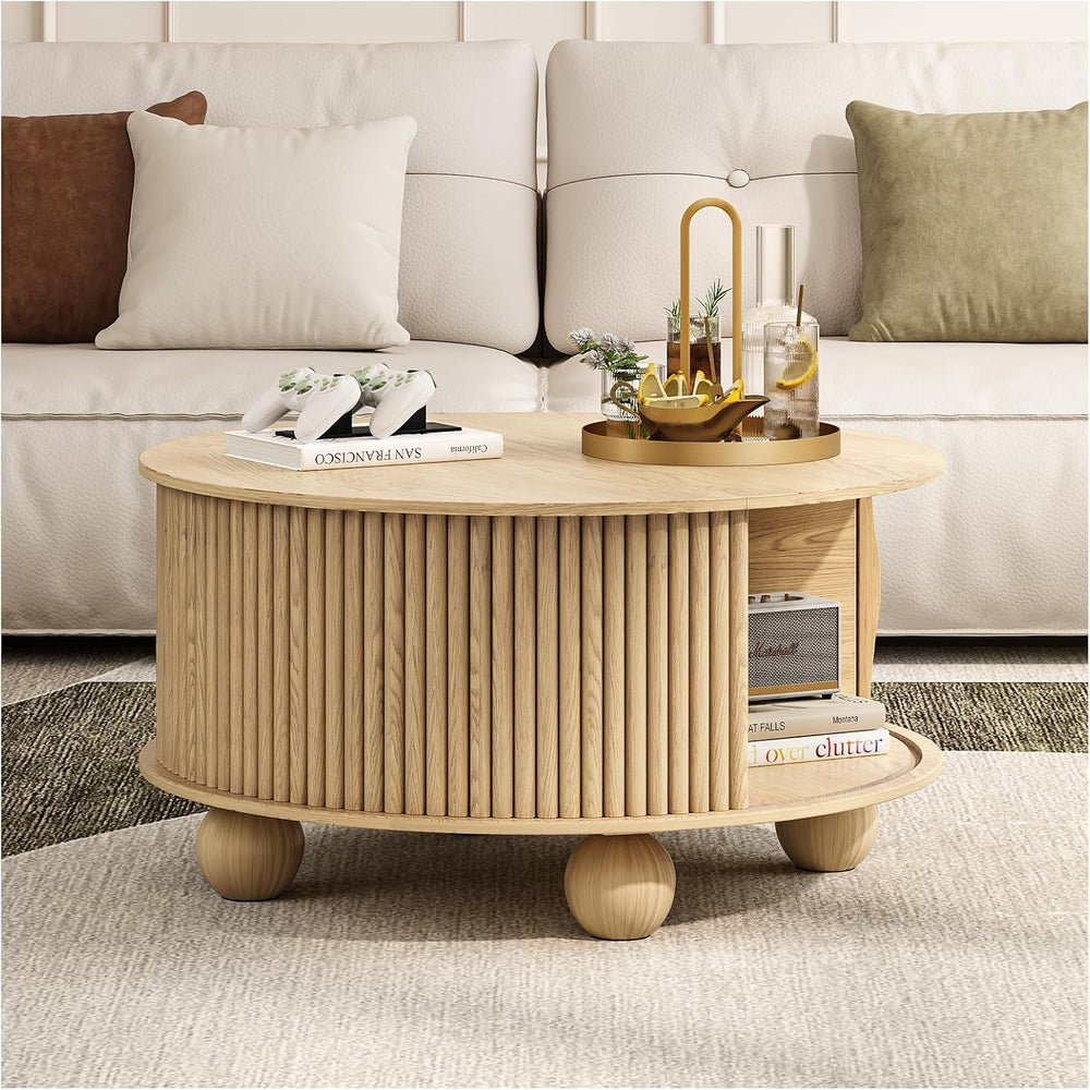 JOINICE 31.5" Round Coffee Table with Storage for Living Room,Natural Oak