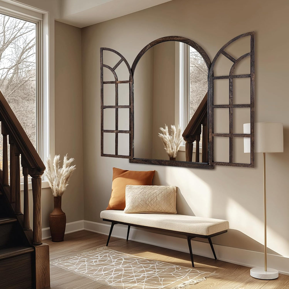 AMOISE Arched Wall Mirror with Wood Window Pane Frame, 24 x 36 Inch, Brown