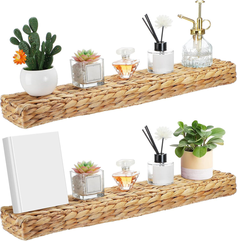 Pinkunn 2 Pack Handwoven Water Hyacinth Floating Wall Shelf 23.6 Inch Woven W...