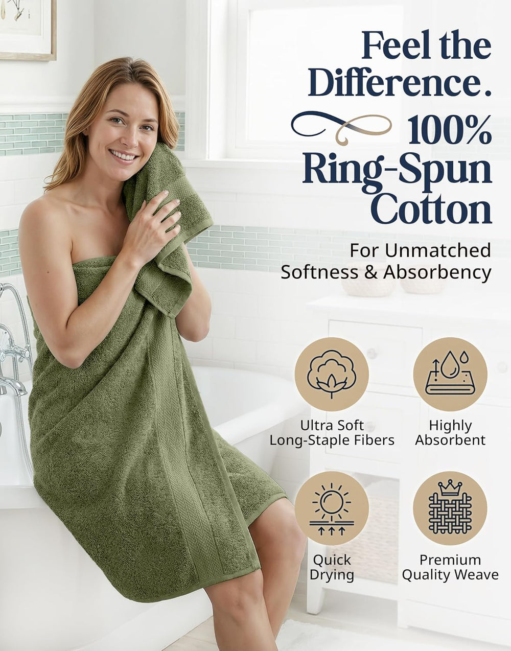 LANE LINEN Bath Towel Set 100% Cotton 6 Piece Soft Absorbent - Oil Green