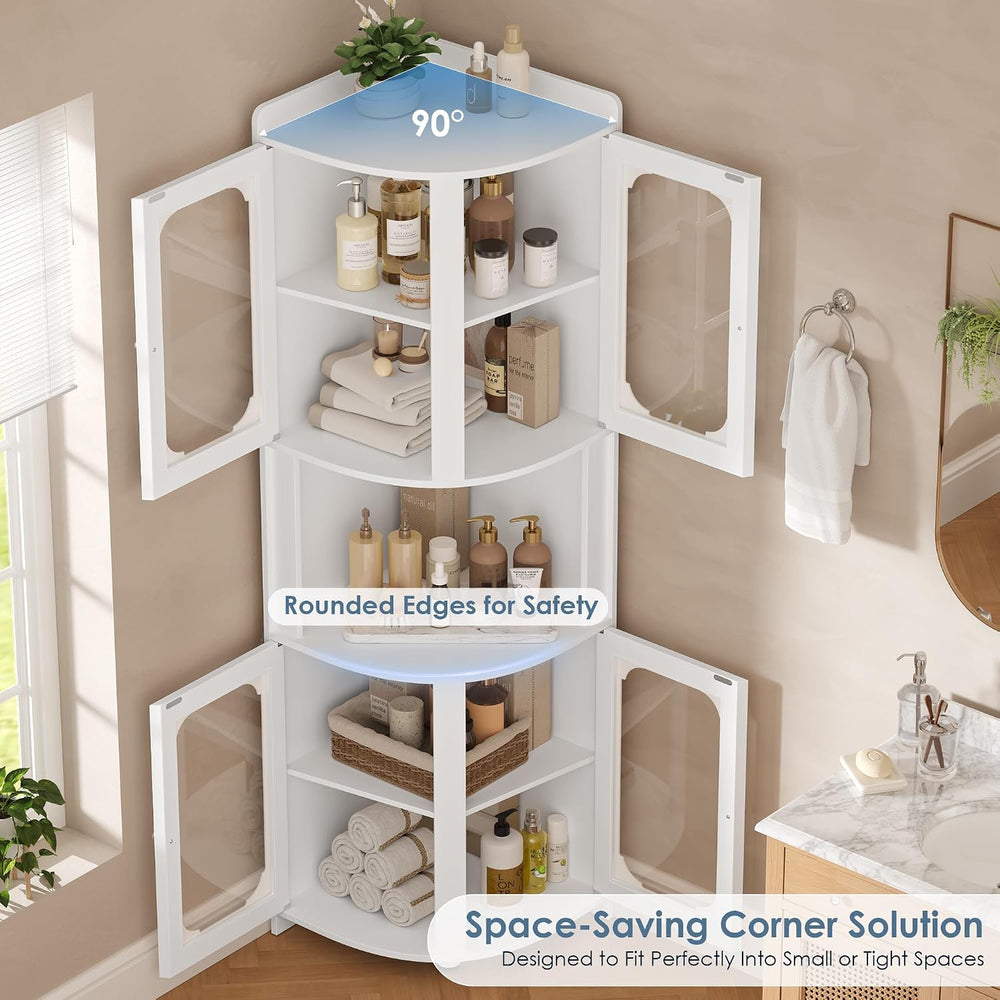 69" Tall Corner Storage Cabinet, 5-Tier Corner Hutch with Glass Doors,White