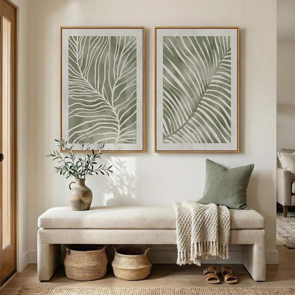Large Framed Green Abstract Botanical Wall Art for Living Room, 24x36 In