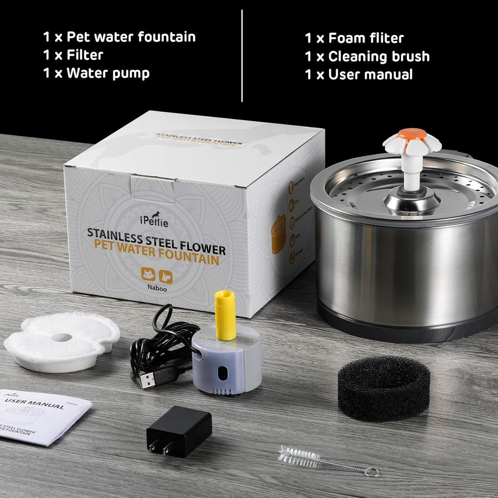 iPettie Cat Water Fountain Stainless Steel, 84oz/2.5L, 4-Stage Filtration