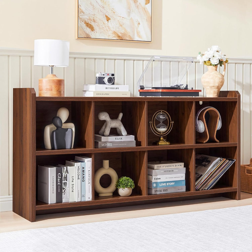 8 Cube Low Storage Organizer, 63" Long Horizontal Bookshelf, Walnut